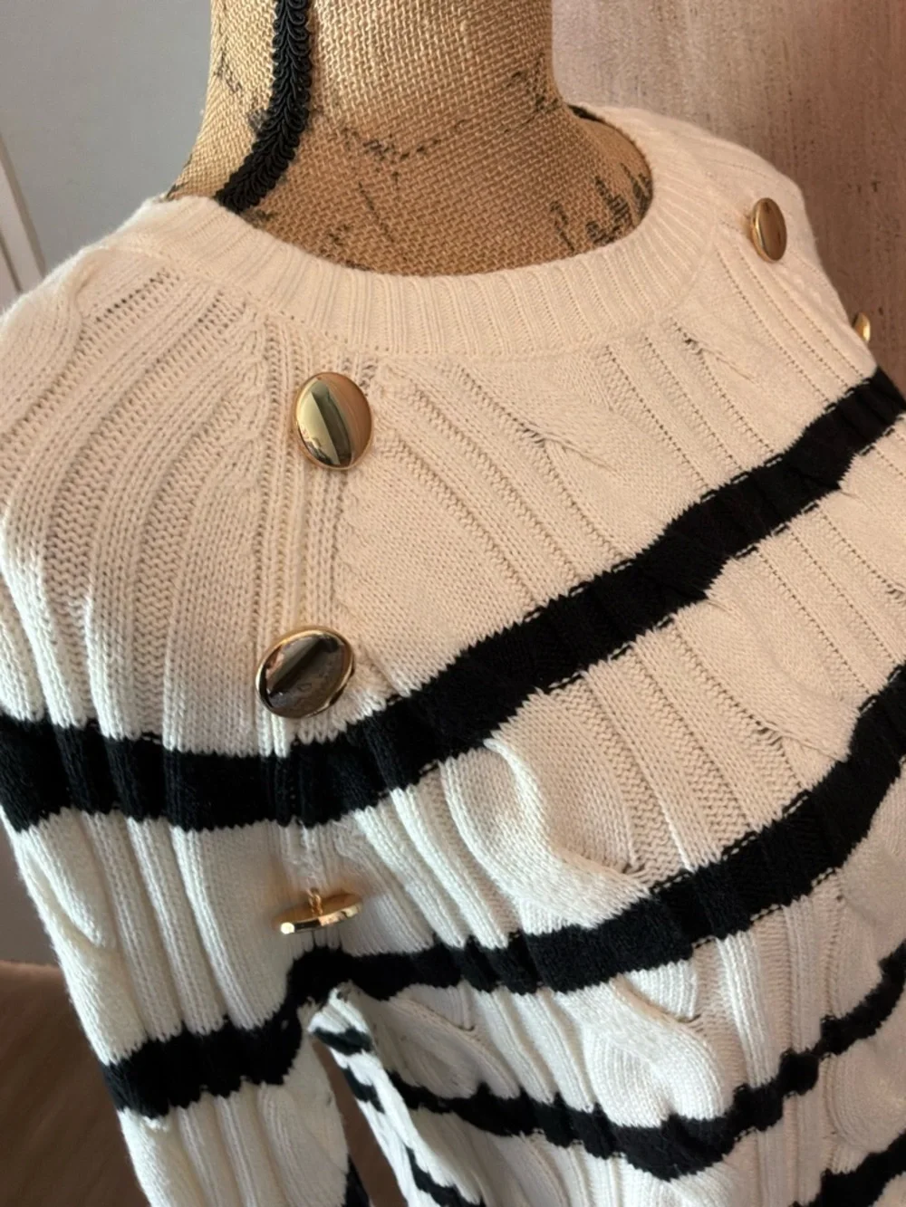 Talbots Black & White Breton Stripe cotton Cable Knit Crew Sweater nautical sz M
